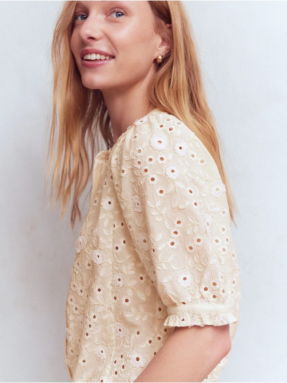 Boden Cream Eyelet Floral Short Sleeve Blouse